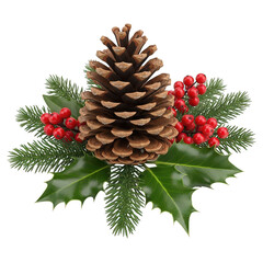 Fototapeta premium Festive christmas decoration with pine cone, holly leaves, fir sprigs and red berries isolated on transparent background, perfect for holiday season greetings and designs