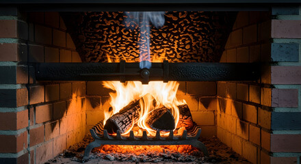 Cozy Brick Fireplace with Burning Logs and Bright Orange Flames for Winter Warmth