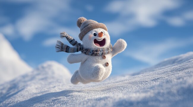 Snowman's Joyful Leap: A cheerful snowman, adorned in a cozy hat and scarf, leaps with pure glee across a snowy landscape, embodying the magic of winter.