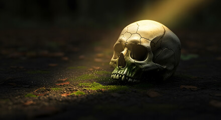 Eerie Cracked Human Skull on Forest Floor Illuminated by Dramatic Sunbeam Light