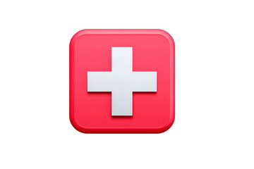 Fototapeta premium Red square icon with white cross symbol, representing healthcare, medical assistance, or first aid, isolated on transparent background, modern 3D style, clean and simple design