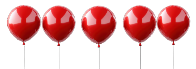 Five shiny red balloons arranged in a row
