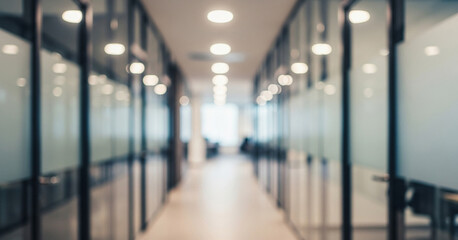 Soft sunlight enters through the distant windows, casting gentle highlights across the blurred office corridor where glass panels and muted shapes create a warm professional atmosphere.