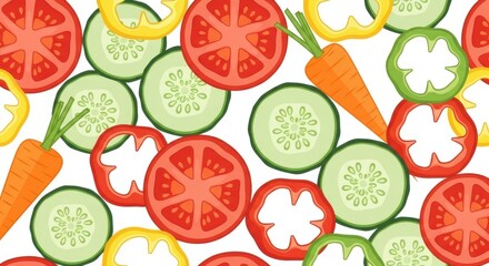 Seamless pattern of fresh sliced vegetables including tomatoes cucumbers carrots and bell peppers