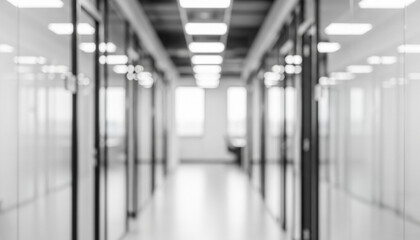 Quiet symmetry shapes the corridor into a tranquil grayscale composition, where glass, light, and distance combine to express modern interior refinement.
