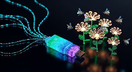 Close up of a usb powered fiber optic light strand with glowing flower shaped bulbs against a dark background