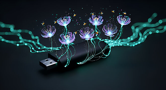 Futuristic digital network connection emanating from a usb drive with glowing nodes and intricate data streams