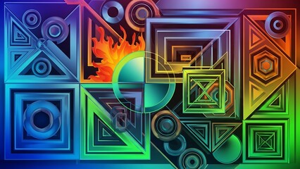 Geometric Abstraction with Vibrant Colors and Intricate Patterns.