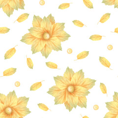 A seamless pattern of yellow flowers and autumn leaves. The illustration is hand drawn in a simple, childlike style on a white background.