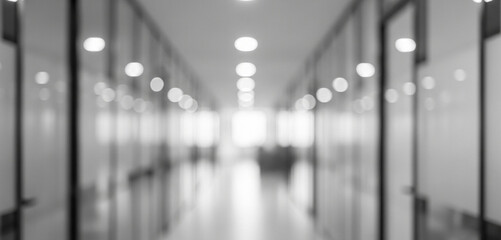 Bright rectangular ceiling lights stretch into the distance, guiding the eye through a blurred hallway that conveys simplicity, order, and quiet corporate energy.