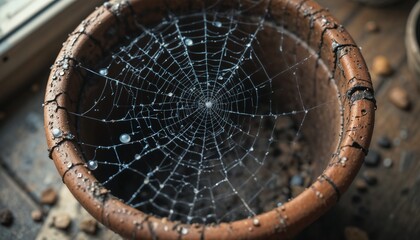Overhead shot of an empty flower pot with a spiderweb stretched across its cracked rim