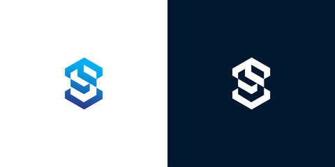 Abstract geometric 'S' logo on white and navy blue backgrounds, symbolizing innovation and technology