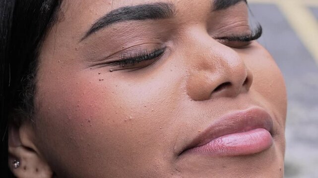 Soft Close-Up Of Young Woman With Subtle Smile Slowly Opening Eyes And Raising Head In Serene Expression Of Contentment And Peace