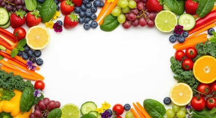 Vibrant assortment of fresh fruits and vegetables bordering white space