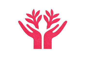 Red hand symbol with leaves eco friendly charity support growth sustainability textured illustration isolated on transparent background