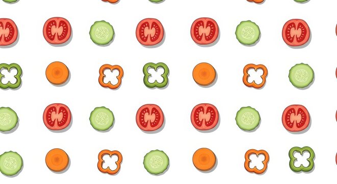 Seamless pattern of sliced fresh vegetables on white background