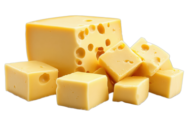 A close-up view of sliced and cubed yellow cheese with holes