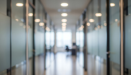 Warm daylight reflects across the glass partitions, forming a softly blurred view of a modern office hallway filled with subtle shadows and calm interior tones.