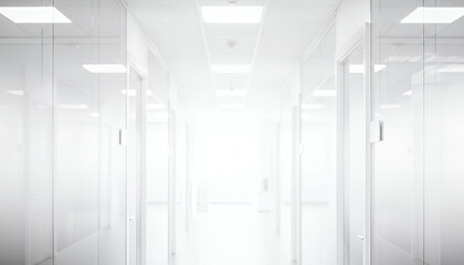 Minimalist architecture defines this spotless corridor with glowing overhead lights guiding the eye through smooth white walls and softly reflective door frames.