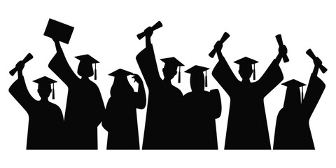 graduates celebrating icon set. set of graduates celebrating silhouette icon. Silhouette of graduates celebrating with diplomas and caps thrown in the air