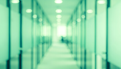 Subtle reflections line the hallway as frosted glass panels fade into a soothing haze, suggesting a modern workspace or clinic captured with an intentionally softened focus.