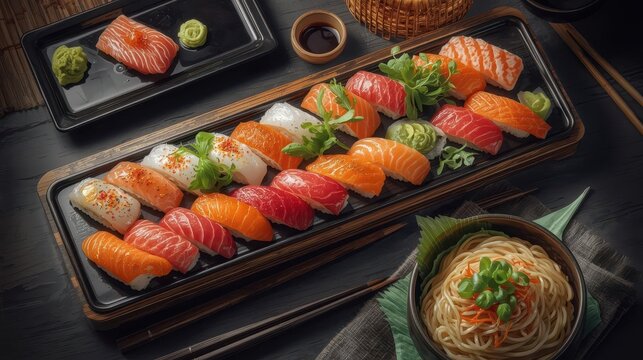Premium Japanese sushi platter with fresh salmon, tuna, and assorted nigiri arranged beautifully on dark table with noodles, soy sauce, and wasabi in elegant restaurant lighting - Powered by Adobe