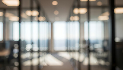 Gentle highlights illuminate the corridor as sunlight pours through the far windows, creating a warm and blurred composition that captures the mood of a sleek professional office.
