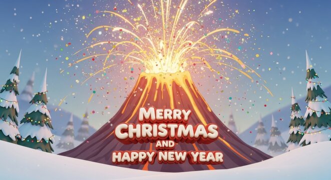 Festive Volcano Holiday Season - A whimsical cartoon volcano erupts with holiday cheer, announcing Merry Christmas and Happy New Year in a snowy landscape