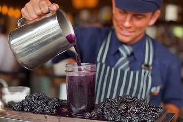 Male bartender in a striped apron is pouring fresh blackberry juice into a glass jar, surrounded by ripe blackberries on a wooden tray, showcasing beverage preparation skills