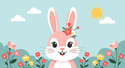 Fototapeta premium Cute pink bunny in a field of flowers with a bright sun and clouds in the sky.