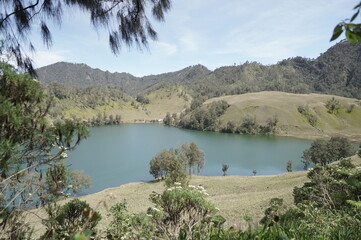 Ranu Kumbolo beautiful lake below mount Semeru, highest mountain in Java, Indonesia