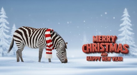 Obraz premium Festive Zebra Winter Scene - A zebra wearing a red and white scarf stands in a snowy winter scene, conveying holiday greetings