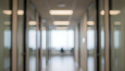 High resolution gentle highlights illuminate the corridor as sunlight pours through the far windows, creating a warm and blurred composition that captures the mood of a sleek professional office.