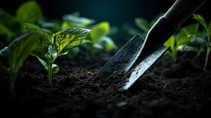 Planting young plants with shovel