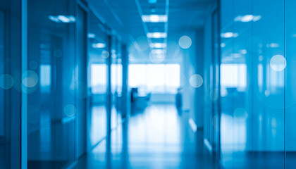 Soft focus and blue illumination shape a sleek hallway where transparent surfaces mirror light patterns that enhance the quiet corporate environment.