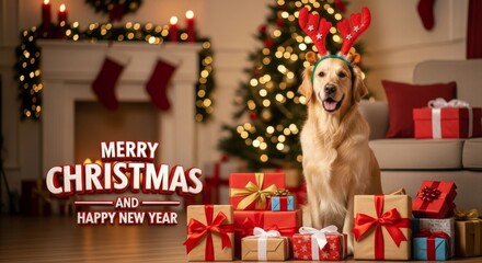 Golden Retriever Christmas Celebration - A Golden Retriever wearing reindeer antlers sits amid gifts by a Christmas tree in a festive, cozy living room setting