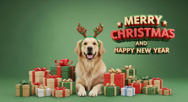 Golden Retriever Christmas Celebration - A charming scene featuring a golden retriever with reindeer antlers surrounded by Christmas gifts. Festive cheer and holiday spirit abound!