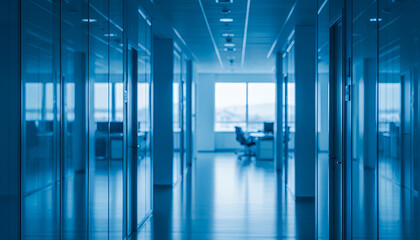 Blue reflections drift across polished floors and glass partitions in a serene office corridor that feels contemporary, spacious, and visually soothing.
