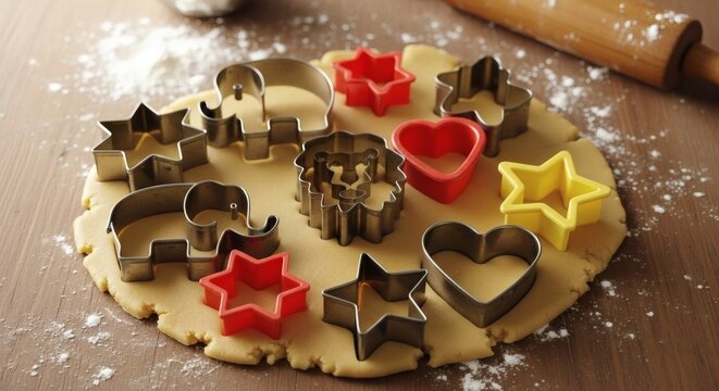 Cookie dough with various cookie cutters and rolling pin on a wooden table, ready for baking delicious homemade cookies for national cookie cutter day
