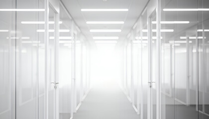 Bright ceiling panels illuminate a perfectly clean hallway where white walls, doors, and reflective surfaces blend together to create a serene, almost ethereal atmosphere.