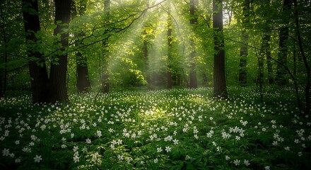 Fototapeta premium Sunlight streaming through trees onto a forest floor of white flower