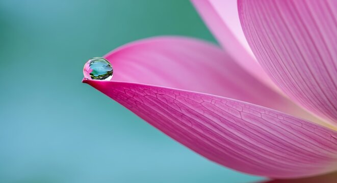 Macro shot of a perfect water droplet resting on a pink lotus petal - Powered by Adobe