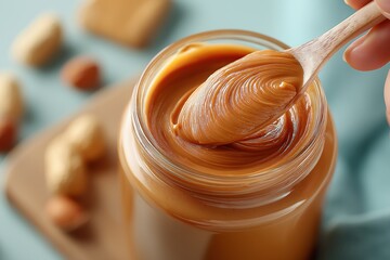 Creamy nut butter in glass jar with wooden spoon, surrounded by nuts on soft blue background, showcasing delicious texture and inviting presentation for culinary enthusiasts