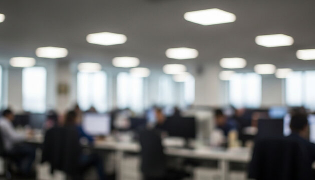 Busy professionals work at computer desks throughout a bright open office, with soft focus highlighting the glow of overhead lights and large windows along the walls.