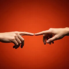 Two hands pointing at each other on a red background