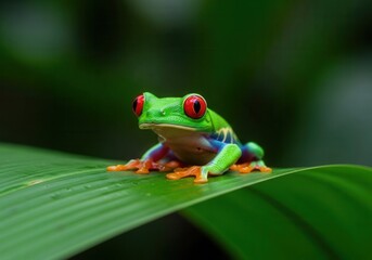 Obraz premium A red eyed tree frog sitting on a green leaf