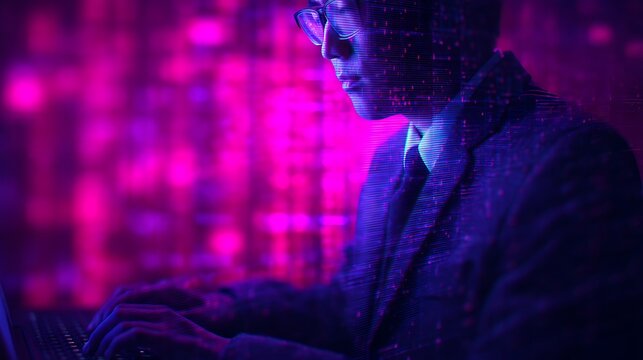 A focused individual typing on a laptop, surrounded by vibrant digital patterns, conveying a sense of technology and data processing.