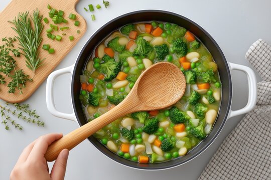 Colorful vegetable soup being stirred in a black pot with fresh herbs and chopped vegetables on a wooden board, showcasing healthy cooking and vibrant ingredients - Powered by Adobe