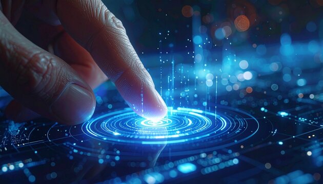 Futuristic digital interface being activated by a human finger touch