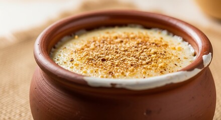 Creamy rice pudding dessert topped with crushed nuts in clay pot